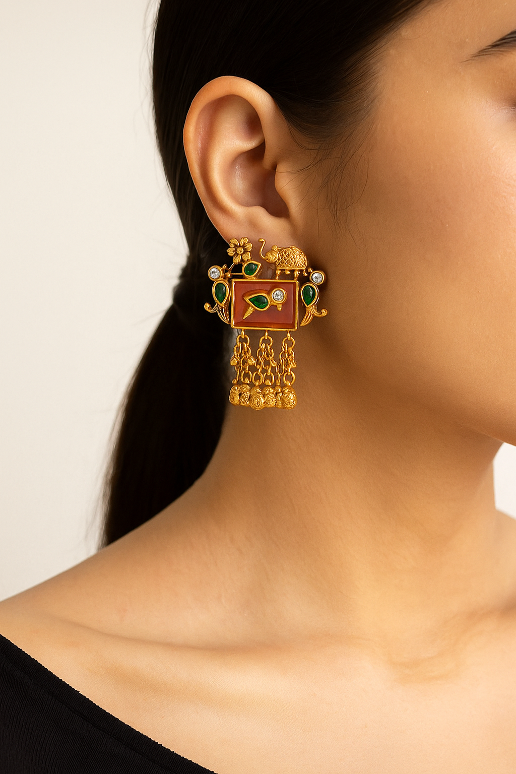 Antique Peacock Design Earrings with Pink Stone